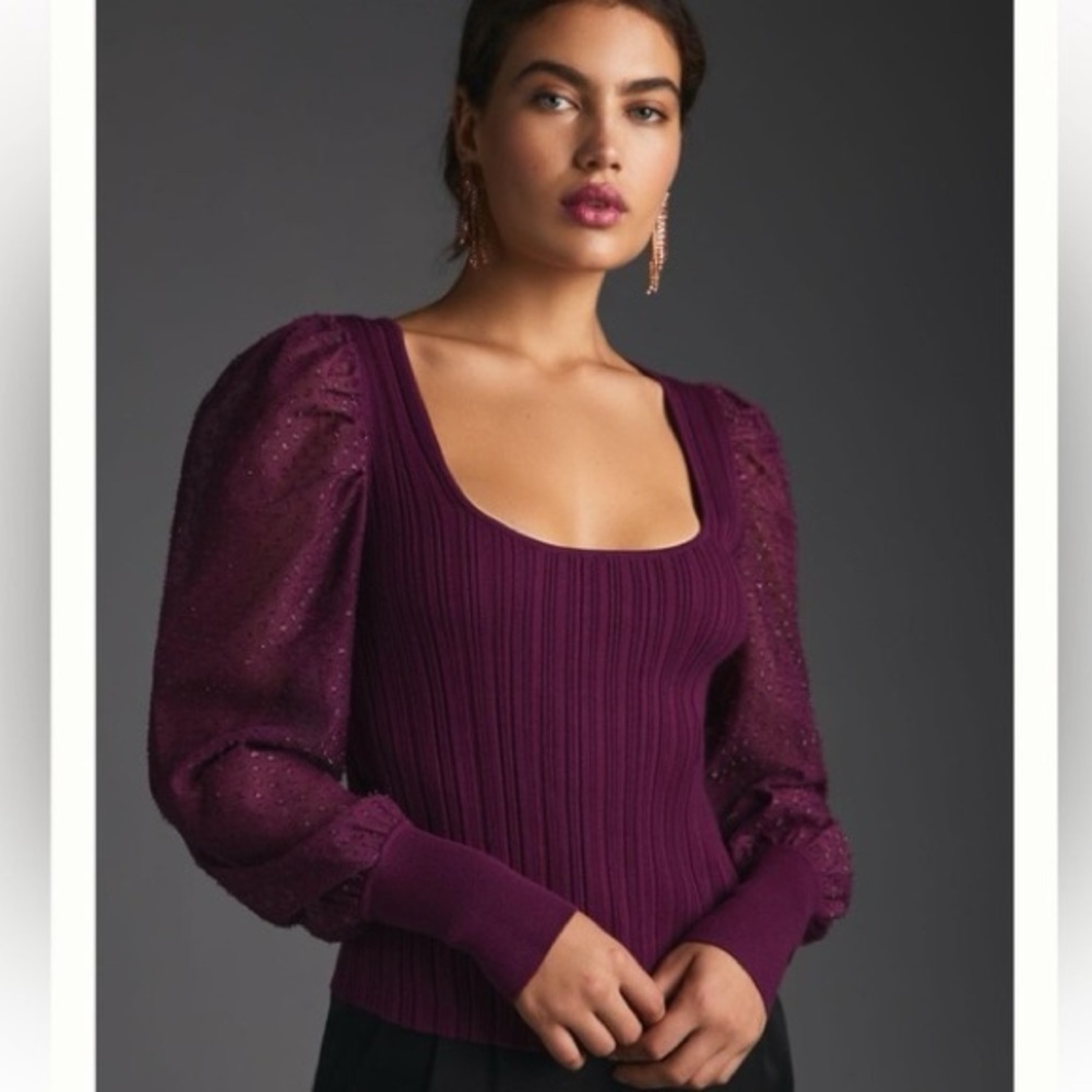 Anthropologie Plum Ribbed Knit Top, Sz XL, square neck